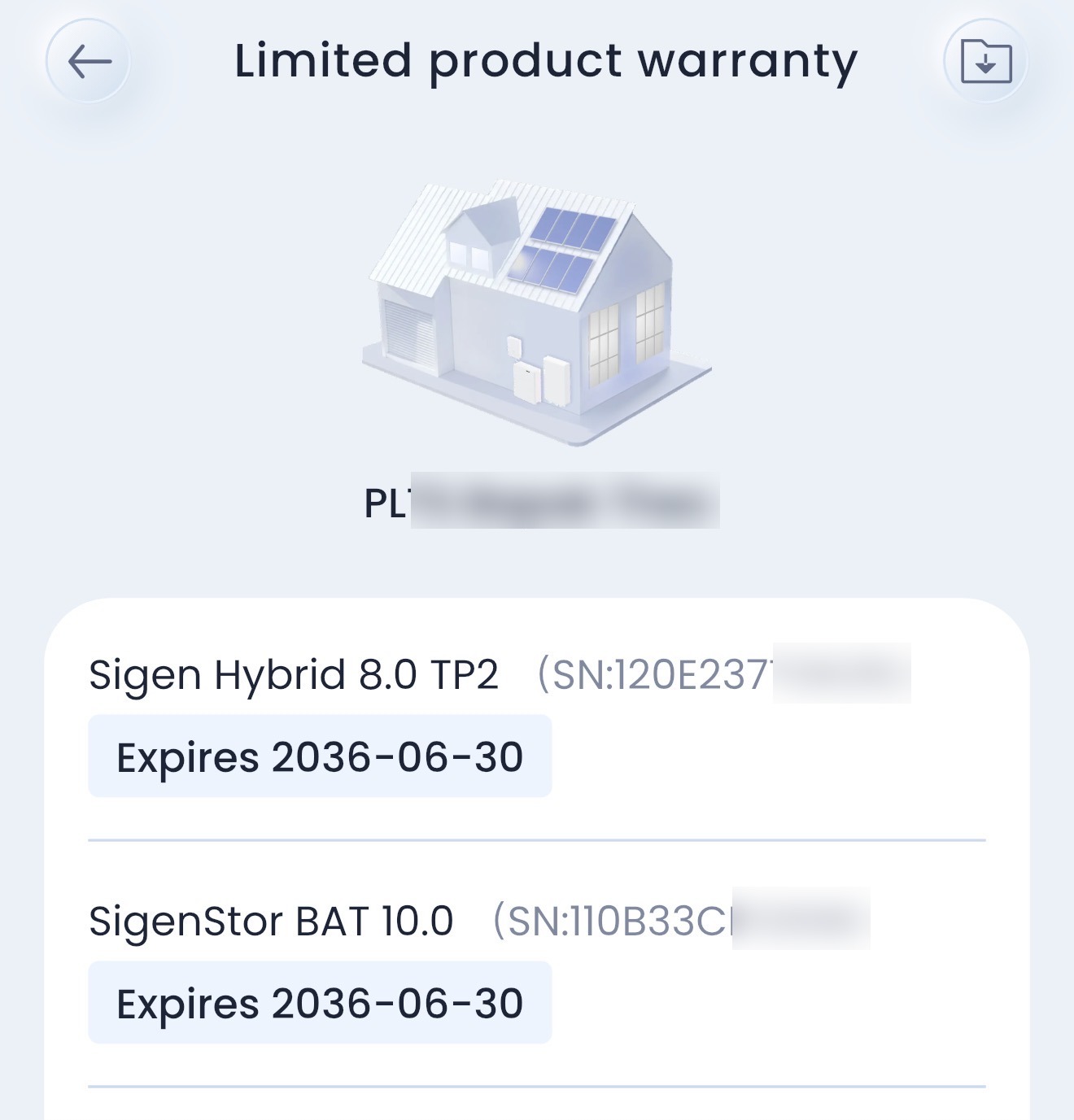 Tampilan garansi produk Sigenergy di aplikasi mySigen dengan data pelanggan disamarkan